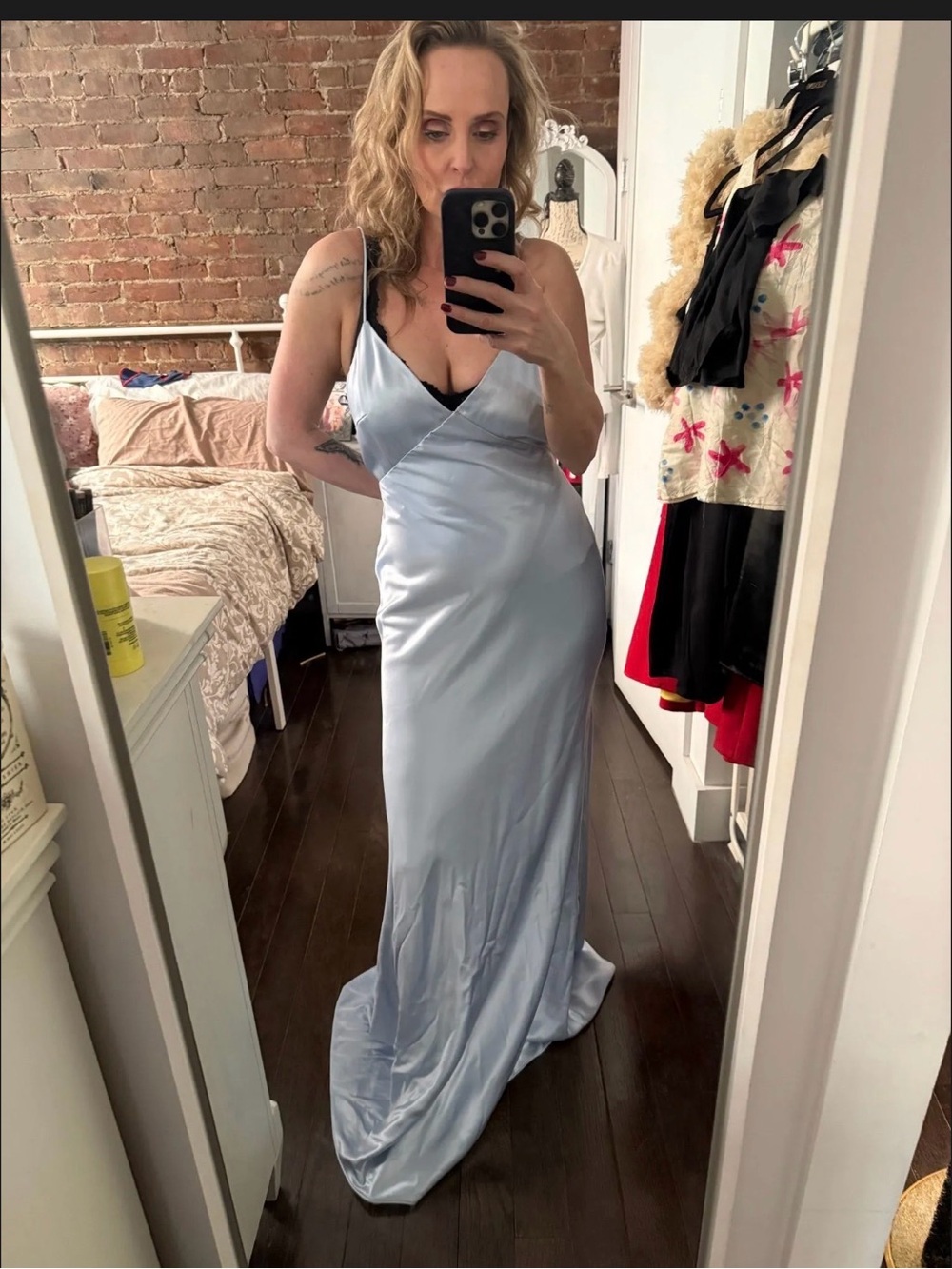 Milly Silver-Blue Satin Bias-Cut Maxi Dress